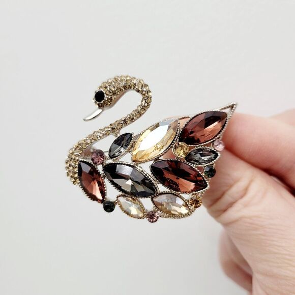 Brand New Copper Tone Swan Rhinestone Brooch Pin - Picture 3 of 9